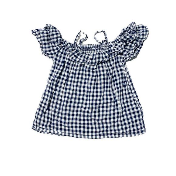 old Navy Girls Off Shoulder Flutter Sleeve Picnic Plaid Blouse Navy/White - Picture 3 of 3